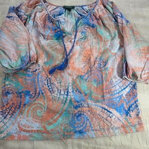 Lauren Ralph Lauren Paisley Peasant Top Blue Orange Boho Tassel Blouse PXS